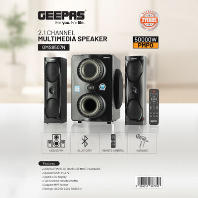 Geepas GMS8507 2.1 Multimedia Speaker | Bluetooth, USB, FM | 50000W PMPO | Digital LED Display | 8-inch subwoofer | 3-inch satellite speakers| Easy plug & play operation