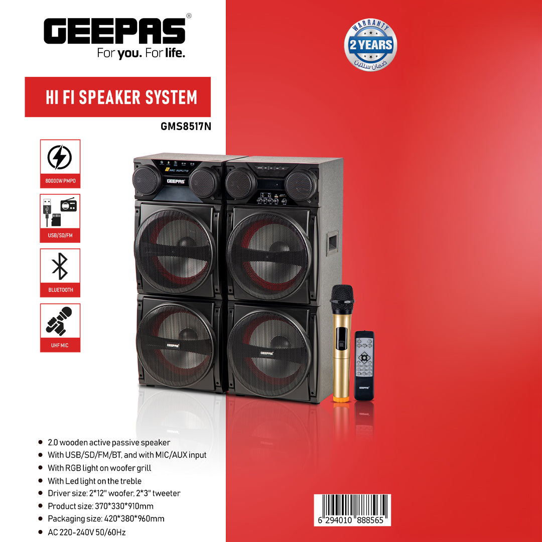 Geepas GMS8517 Hi-Fi Speaker System |80000W PMPO| Bluetooth, USB, SD, FM & AUX Connectivity |UHF Wireless Microphone| RGB Woofer Lights|Dual 12” Woofers | 2-Year Warranty