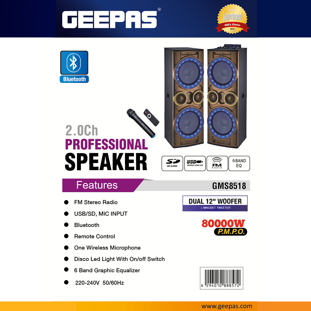 Geepas GMS8518 2.0Ch Professional Speaker | Dual 12” Woofer| Bluetooth| FM Radio| USB/SD Input| Wireless Mic| Remote| LED Lights| 6-Band EQ| 80000W PMPO Sound System
