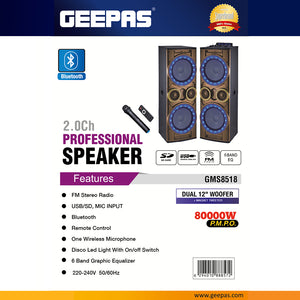 Geepas GMS8518 2.0Ch Professional Speaker | Dual 12” Woofer| Bluetooth| FM Radio| USB/SD Input| Wireless Mic| Remote| LED Lights| 6-Band EQ| 80000W PMPO Sound System