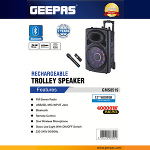 Geepas GMS8519 Rechargeable Trolley Speaker |40000W PMPO Powerful Sound| 12” Woofer| Bluetooth| USB/SD/FM| Wireless Mic| Disco LED Light |Remote Control| 2 Years Warranty