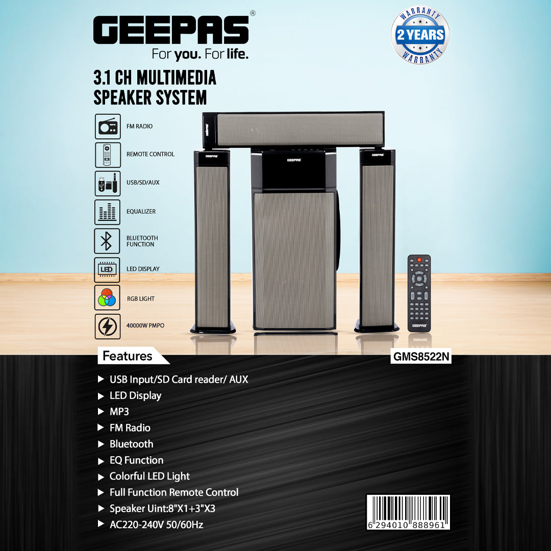 Geepas GMS8522 3.1 Channel Multimedia Speaker System | 40000W PMPO | Bluetooth| USB/SD/AUX Support | FM Radio| RGB Lights| LED Display| EQ Function|  2-Year Warranty