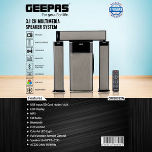 Geepas GMS8522 3.1 Channel Multimedia Speaker System | 40000W PMPO | Bluetooth| USB/SD/AUX Support | FM Radio| RGB Lights| LED Display| EQ Function|  2-Year Warranty