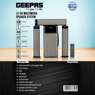 Geepas GMS8522 3.1 Channel Multimedia Speaker System | 40000W PMPO | Bluetooth| USB/SD/AUX Support | FM Radio| RGB Lights| LED Display| EQ Function|  2-Year Warranty