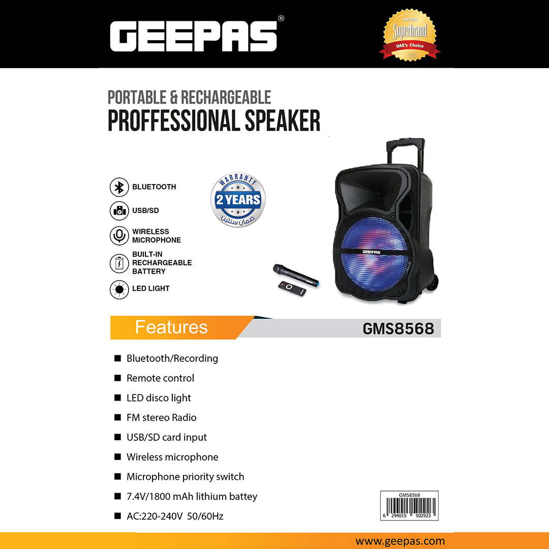 Geepas GMS8568 Portable & Rechargeable Professional Speaker | Bluetooth| USB/SD/FM| Wireless Mic| LED Disco Light| 7.4V/1800mAh Battery| Remote Control| 2 Years Warranty