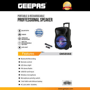 Geepas GMS8568 Portable & Rechargeable Professional Speaker | Bluetooth| USB/SD/FM| Wireless Mic| LED Disco Light| 7.4V/1800mAh Battery| Remote Control| 2 Years Warranty