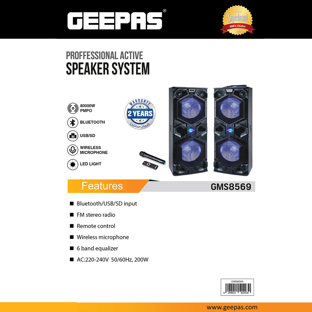 Geepas GMS8569 Professional Active Speaker System | Bluetooth| USB/SD Input| FM Stereo Radio| Wireless Microphone| LED Light| 6-Band Equalizer| 80000W PMPO Power Output