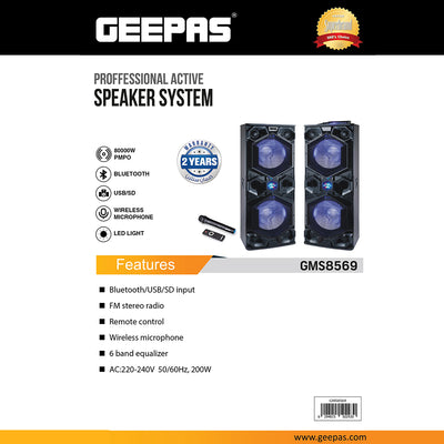 Geepas GMS8569 Professional Active Speaker System | Bluetooth| USB/SD Input| FM Stereo Radio| Wireless Microphone| LED Light| 6-Band Equalizer| 80000W PMPO Power Output