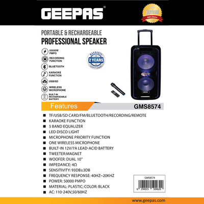 Geepas GMS8574 Portable & Rechargeable Professional Speaker | 60000W PMPO | Bluetooth Connectivity | TWS Function | FM Radio| USB/TF/AUX Input |  2-Year Warranty