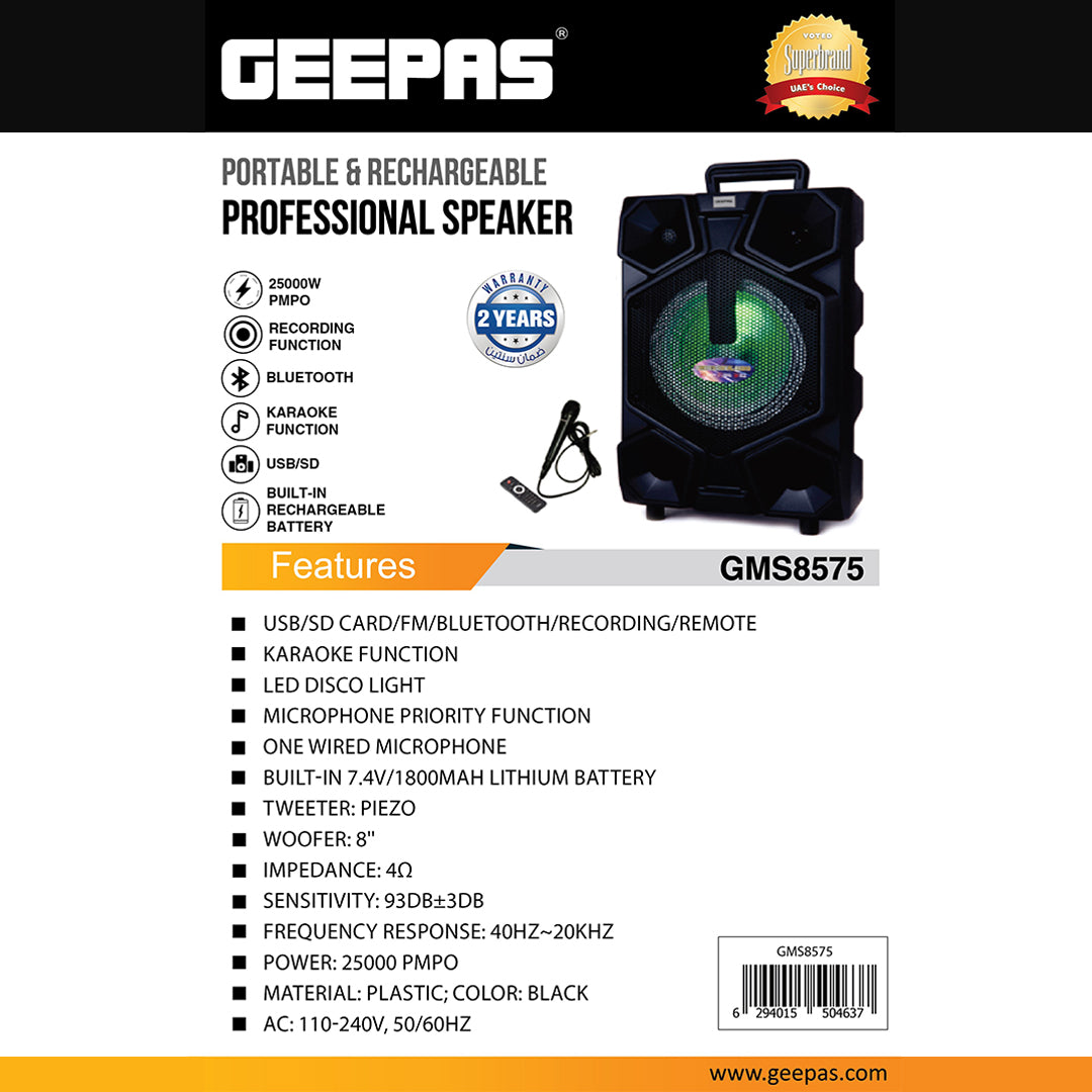 Geepas GMS8575 Portable & Rechargeable Professional Speaker | 25000W PMPO Powerful Audio System with Bluetooth| USB/TF/FM Support| RGB Lights| Wireless Microphone|