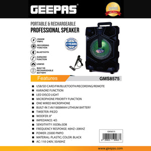 Geepas GMS8575 Portable & Rechargeable Professional Speaker | 25000W PMPO Powerful Audio System with Bluetooth| USB/TF/FM Support| RGB Lights| Wireless Microphone|