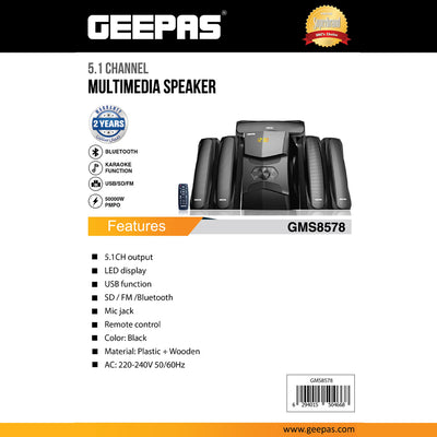 Geepas GMS8578 5.1 Channel Multimedia Speaker System | 50000W PMPO Bluetooth Home Theater |Supports USB / SD card / FM radio playback |LED display |Multiple input options