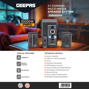 Geepas GMS8585 2.1 Channel Multi-Media Speaker System | 30000W PMPO Sound| Bluetooth | USB/SD/FM | LED Display | Remote Control | Built-in Amplifier | 2-Year Warranty