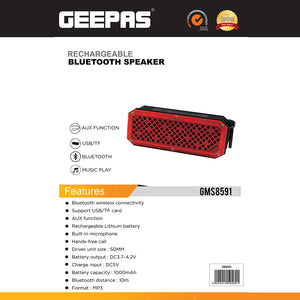 Geepas GMS8591 Rechargeable Bluetooth Speaker | Portable Sound System with Deep Bass| USB/TF/AUX/  Support | Wireless Connectivity |  LED Display | 2-Year Warranty
