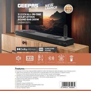 Geepas GMS8810DTS 3.1.2 Channel Dolby Atmos Soundbar 200W |Bluetooth 5.0, HDMI ARC, Optical, USB, DSP & Remote Control | Bluetooth 5.0 + EDR |LED Display | Remote Control
