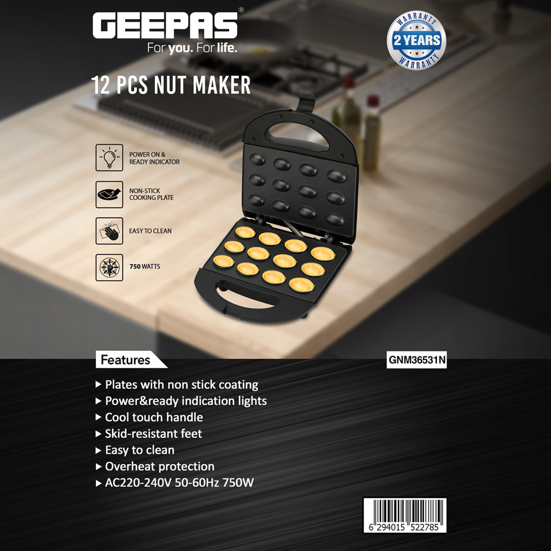 Geepas GNM36531 12-Piece Nut Maker | 750W Non-Stick Electric Snack Maker |  Cool Touch Handle  | Power & Ready Indicator Lights | Overheat Protection | Easy-to-clean