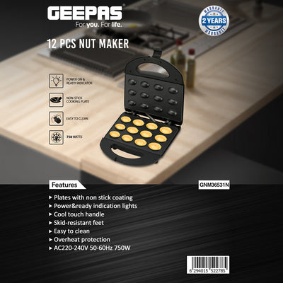 Geepas GNM36531 12-Piece Nut Maker | 750W Non-Stick Electric Snack Maker |  Cool Touch Handle  | Power & Ready Indicator Lights | Overheat Protection | Easy-to-clean