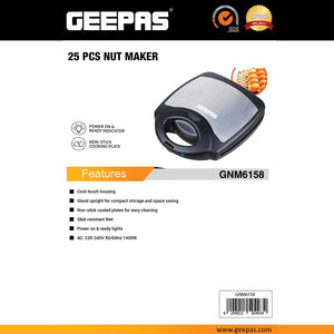 Geepas Nut Maker GNM6158 | 25 Pcs Capacity| 1400W Powerful Nut Snack Maker with  Non-Stick Plates | Cool-Touch Housing | Skid-Resistant Base| Compact Upright Storage