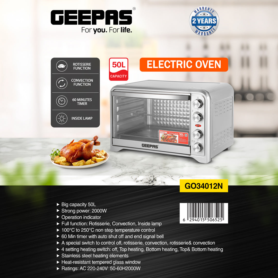 Geepas GO34012 50L Electric Oven | 2000W |Convection & Rotisserie| Multi-Function Oven | Adjustable Temperature| 60 Min Timer | Bake & Grill Accessories| 2 Years Warranty