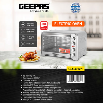 Geepas GO34012 50L Electric Oven | 2000W |Convection & Rotisserie| Multi-Function Oven | Adjustable Temperature| 60 Min Timer | Bake & Grill Accessories| 2 Years Warranty