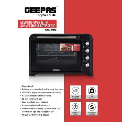 Geepas Electric Oven GO34018 | 60L Large Capacity | 2200W Power | Convection & Rotisserie Function | Adjustable Temperature Control | Durable Design | 2 Years Warranty