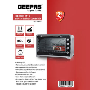 Geepas GO34027 100L Electric Oven with Rotisserie & Convection | 2800W Power  | Adjustable Temperature | 4 Knobs |  120 Minute Timer with Bell |  2 Years Warranty