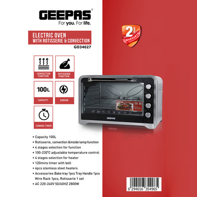 Geepas GO34027 100L Electric Oven with Rotisserie & Convection | 2800W Power  | Adjustable Temperature | 4 Knobs |  120 Minute Timer with Bell |  2 Years Warranty