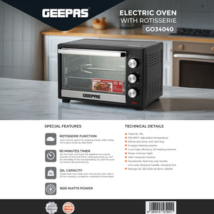Geepas Electric Oven GO34040 | 25L Capacity| 1600W Power| Rotisserie Function| Adjustable Temperature Control| 60-Min Timer| Stainless Steel Heating | 2 Years Warranty