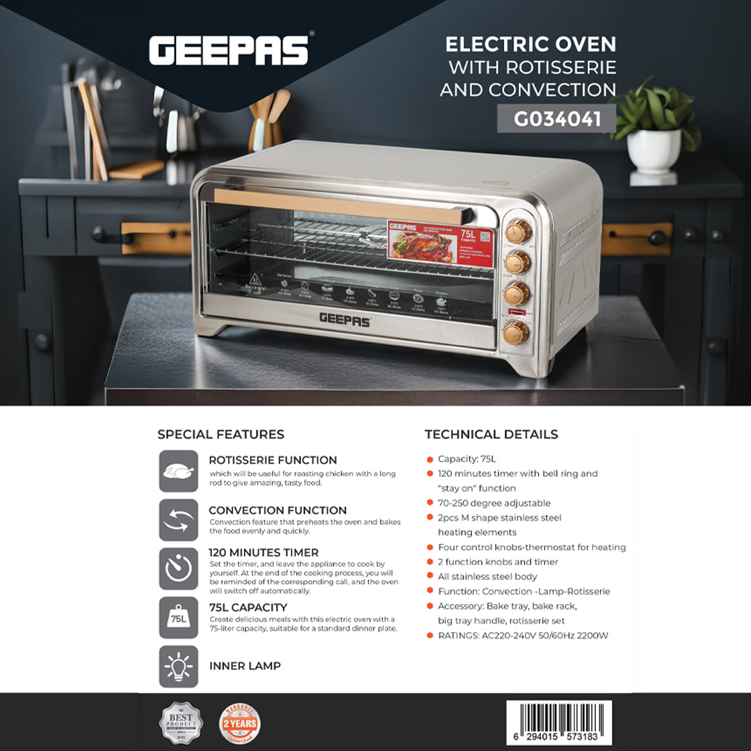 Geepas Electric Oven GO34041 | 75L Large Capacity| 2200W Powerful Performance with Convection & Rotisserie Functions| Adjustable Temperature Control | 2 Years Warranty