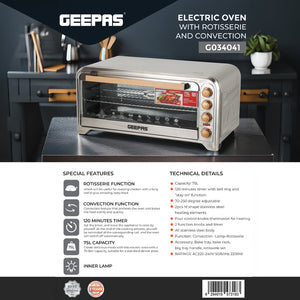 Geepas Electric Oven GO34041 | 75L Large Capacity| 2200W Powerful Performance with Convection & Rotisserie Functions| Adjustable Temperature Control | 2 Years Warranty