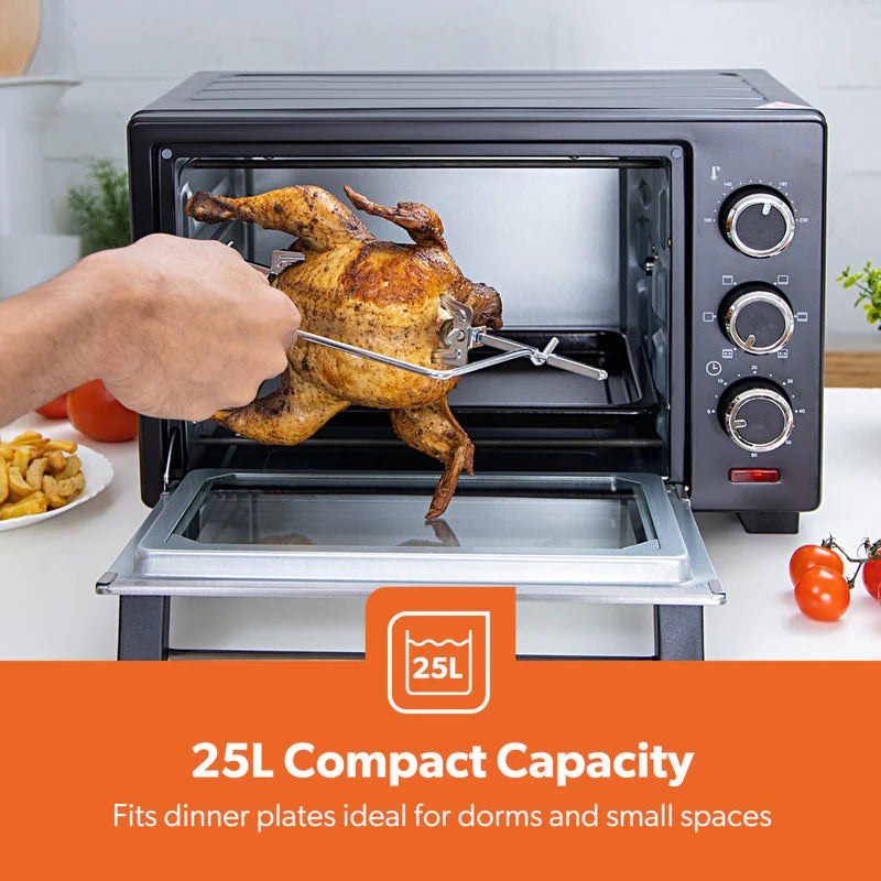 Geepas GO34049 25L Electric Oven with Rotisserie | 1600W Compact & Powerful Table Top Oven| Adjustable Temperature & Timer Control| Easy to Clean Design| 2 Years Warranty
