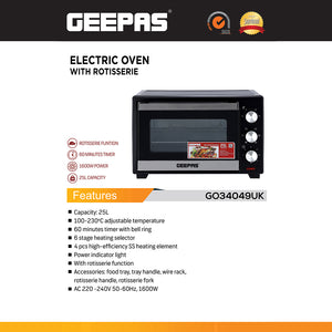 Geepas GO34049 25L Electric Oven with Rotisserie | 1600W Compact & Powerful Table Top Oven| Adjustable Temperature & Timer Control| Easy to Clean Design| 2 Years Warranty