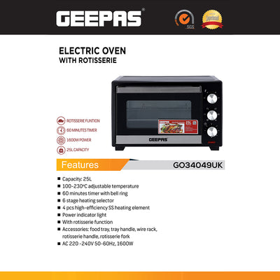 Geepas GO34049 25L Electric Oven with Rotisserie | 1600W Compact & Powerful Table Top Oven| Adjustable Temperature & Timer Control| Easy to Clean Design| 2 Years Warranty
