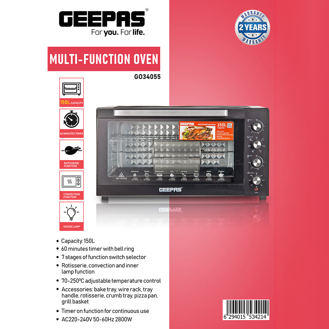 Geepas Multi-Function Oven G034055 |150L capacity| 2800W | rotisserie| convection| 7 cooking functions| 60-min timer| adjustable temperature control|2 Years Warranty