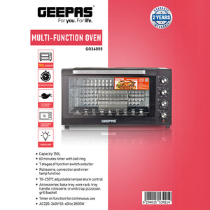 Geepas Multi-Function Oven G034055 |150L capacity| 2800W | rotisserie| convection| 7 cooking functions| 60-min timer| adjustable temperature control|2 Years Warranty