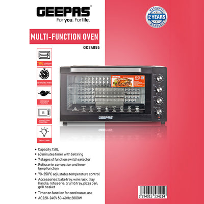 Geepas Multi-Function Oven G034055 |150L capacity| 2800W | rotisserie| convection| 7 cooking functions| 60-min timer| adjustable temperature control|2 Years Warranty