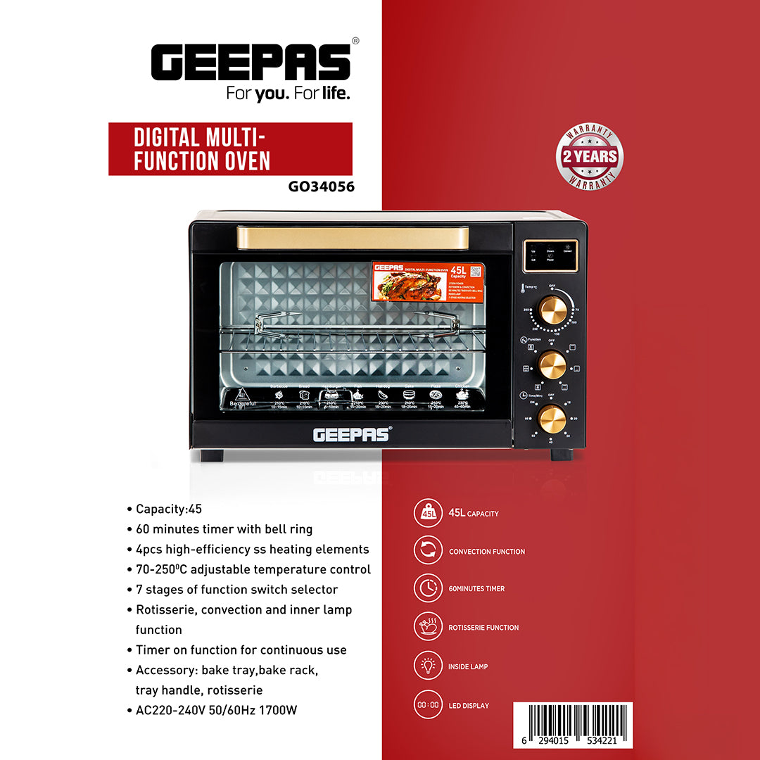 Geepas Digital Multi-Function Oven GO34056 | 45L Capacity | 1700W Power | Convection & Rotisserie | Adjustable Temperature Control | LED Display | 2 Years Warranty