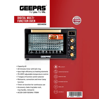 Geepas Digital Multi-Function Oven GO34056 | 45L Capacity | 1700W Power | Convection & Rotisserie | Adjustable Temperature Control | LED Display | 2 Years Warranty