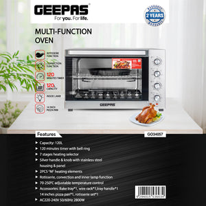 Geepas 120L Multi-Function Oven GO34057 | 2800W Power | Rotisserie & Convection Function| 120 Minutes Timer| 7 Heating Stages| Stainless Steel Design| 2 Years Warranty