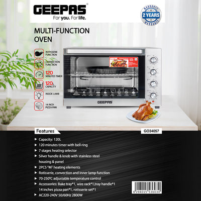 Geepas 120L Multi-Function Oven GO34057 | 2800W Power | Rotisserie & Convection Function| 120 Minutes Timer| 7 Heating Stages| Stainless Steel Design| 2 Years Warranty