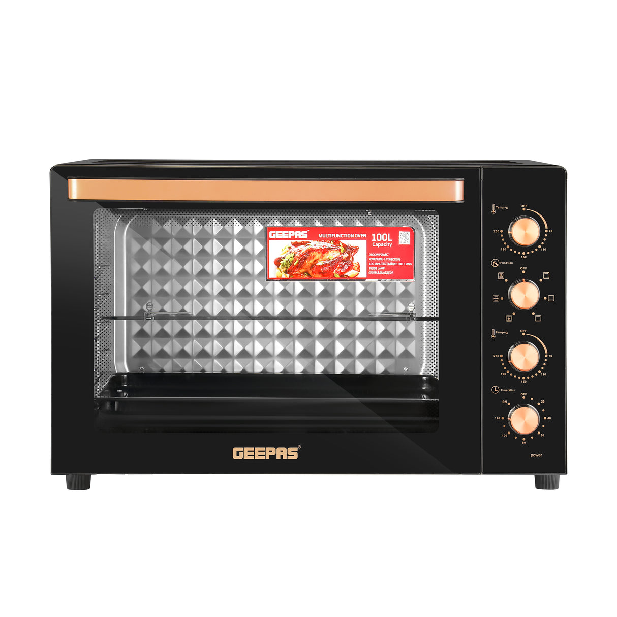 Geepas 100 L Multifunctional Oven- GO34059| 2800 W, Rotisserie, Convection Functions and Inner Lamp|  7 Stages Heating Selector, Adjustable Temperature| 2 Years Warranty