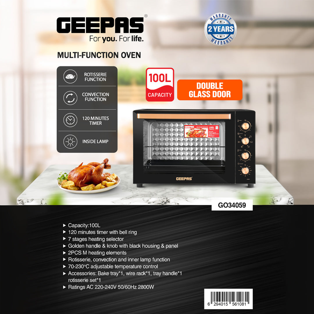 Geepas 100 L Multifunctional Oven- GO34059| 2800 W, Rotisserie, Convection Functions and Inner Lamp|  7 Stages Heating Selector, Adjustable Temperature| 2 Years Warranty