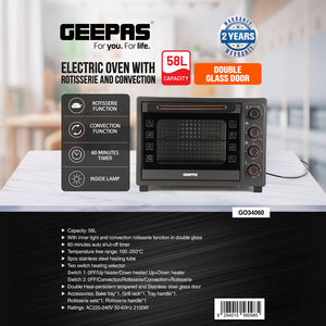 Geepas Electric Oven-GO34060  with Rotisserie & Convection | 58L Capacity|  Double Glass Door|  60-Min Timer|  Adjustable Temperature |  2100W Power |  2-Year Warranty