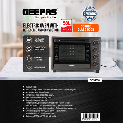 Geepas Electric Oven-GO34060  with Rotisserie & Convection | 58L Capacity|  Double Glass Door|  60-Min Timer|  Adjustable Temperature |  2100W Power |  2-Year Warranty