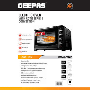 Geepas Electric Oven 60L with Rotisserie & Convection GO4401 | 2200W |60 Minute Timer| Adjustable Temperature | Multi-Cooking Functions| | Durable Body| 2 Years Warranty