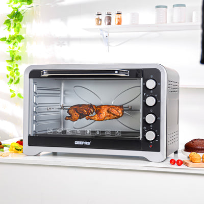 Shop the Geepas 80L Electric Oven with rotisserie, convection function, 120-minute timer, and stainless steel heater. Perfect for roasting, baking, and grilling.