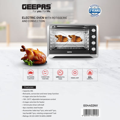 Geepas Electric Oven GO4402N | 80L Capacity | 2400W Power| Rotisserie & Convection Function| 4 Heating Stages| Adjustable Temperature Control | 2 Years Warranty