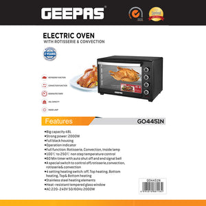 Geepas Electric Oven 48L with Rotisserie & Convection GO4451 | 2000W Power| 60 Minute Timer| Adjustable Temperature Control| Multi-Cooking Functions|  2 Years Warranty