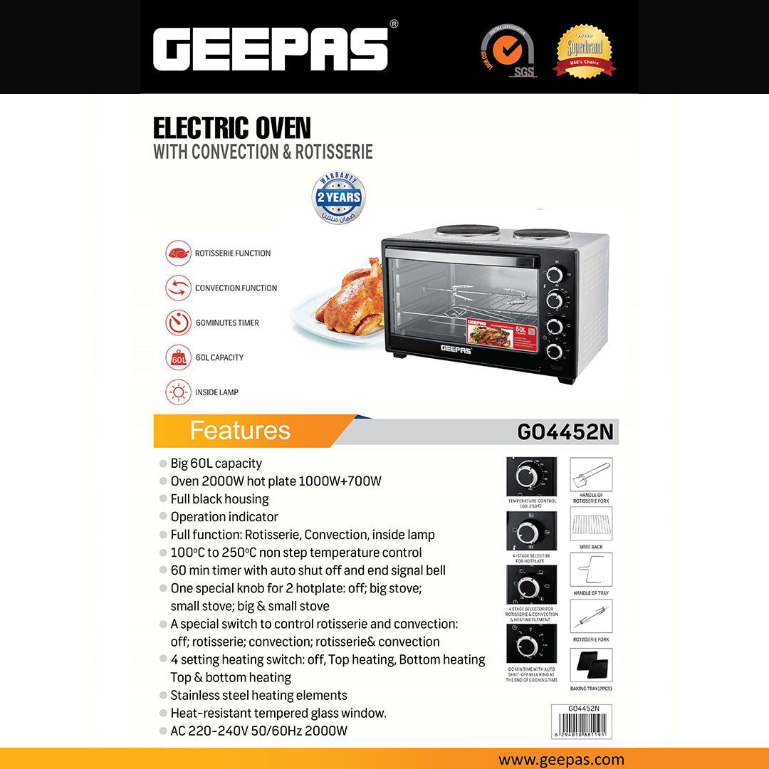 Geepas Electric Oven GO4452 | 60L Large Capacity | 2000W Power with Convection & Rotisserie Function | Adjustable Temperature Control | Durable Design | 2 Years Warranty