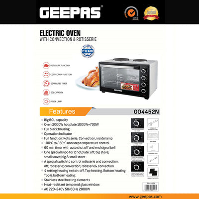 Geepas Electric Oven GO4452 | 60L Large Capacity | 2000W Power with Convection & Rotisserie Function | Adjustable Temperature Control | Durable Design | 2 Years Warranty